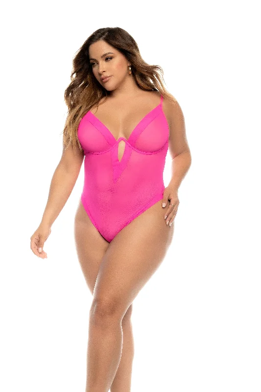 Plus Size Sexy Hot Pink Mesh Deep Plunge Underwire Bodysuit Lingerie Trendy High-Leg Bodysuit