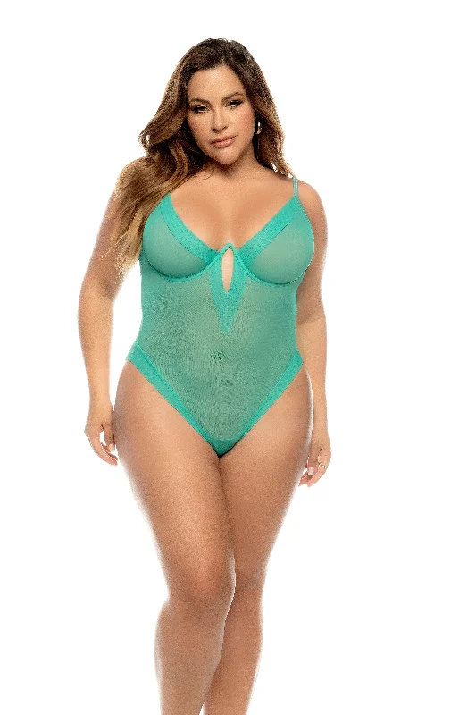 Plus Size Sexy Jade Mesh Deep Plunge Underwire Bodysuit Lingerie Fashionable Turtleneck Bodysuit