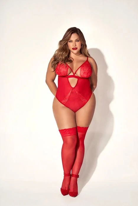 Plus Size Sexy Red Underboob Cutout w/ Side Garter Belt Bodysuit Lingerie Fashionable Bodysuit with Button Front