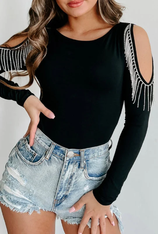 Rhinestone Fringed Cold Shoulder Bodysuit Trendy Bodysuit with Back Tie