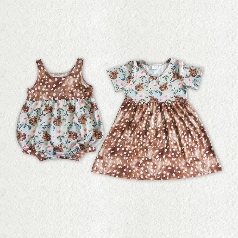 RTS GSD0035、SR0018 Girls Brown Bodysuit with Deer Pattern  Girls Deer Brown Short Sleeve Floral Dress Comfortable Adjustable Strap Bodysuit