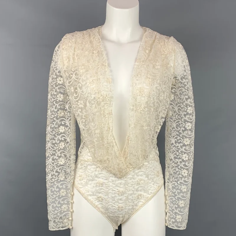 SAINT LAURENT Size S Cream Lace Bodysuit Dress Top Stylish Low-Cut Bodysuit