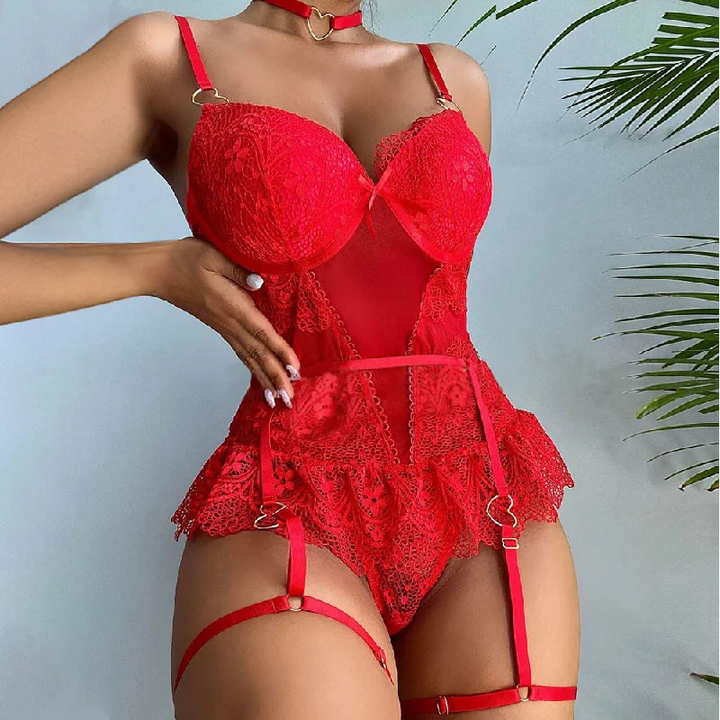 Sexy Lace Bustier Lingerie One Piece Lace Up Teddy Molded Cup Bodysuit with Garter Belt Stylish High-Waisted Bodysuit