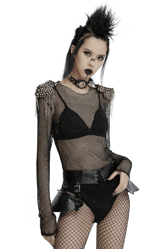 Sexy Mesh Bodysuit with Detachable Spiked Shoulders Elegant Mesh Bodysuit for Night