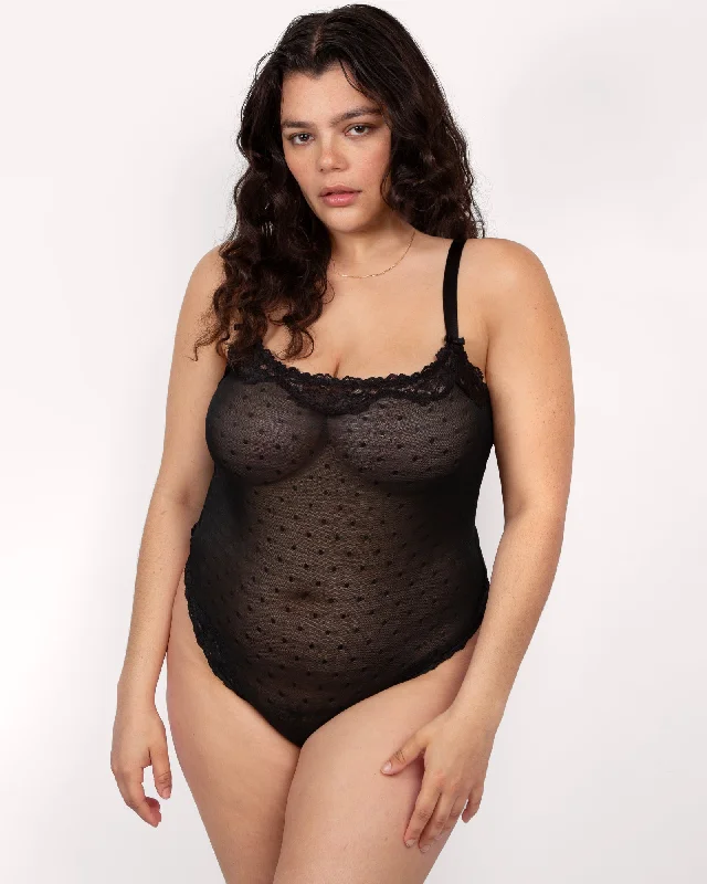 Sheer Whisper Thong Bodysuit  - Onyx Elegant Bodysuit with Mesh Panels