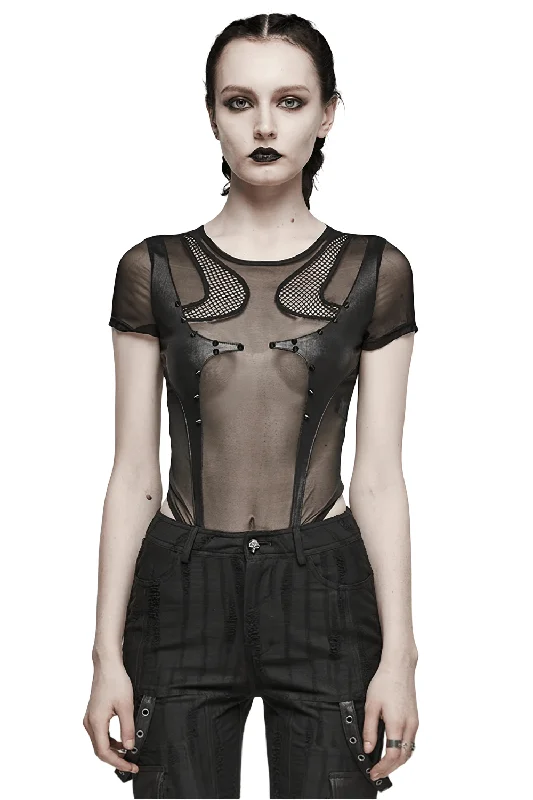 Stylish Sexy Black Sheer Mesh Bodysuit with Inserts Elegant Bodysuit with Pleated Detail