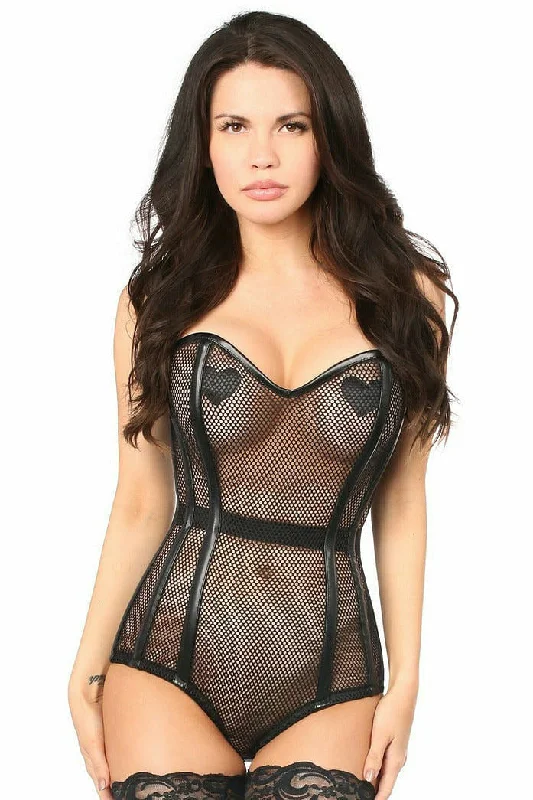 Top Drawer Steel Boned Fishnet Corseted Bodysuit Comfortable Printed Bodysuit