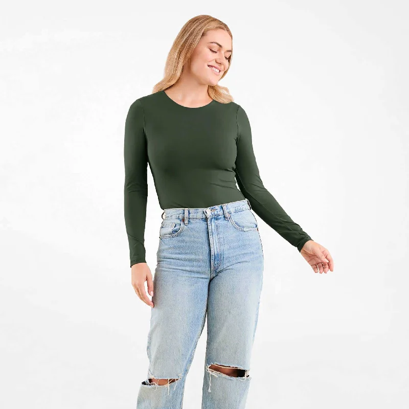 Long Sleeve Crewneck Bodysuit | Evergreen Trendy Bodysuit with Back Tie