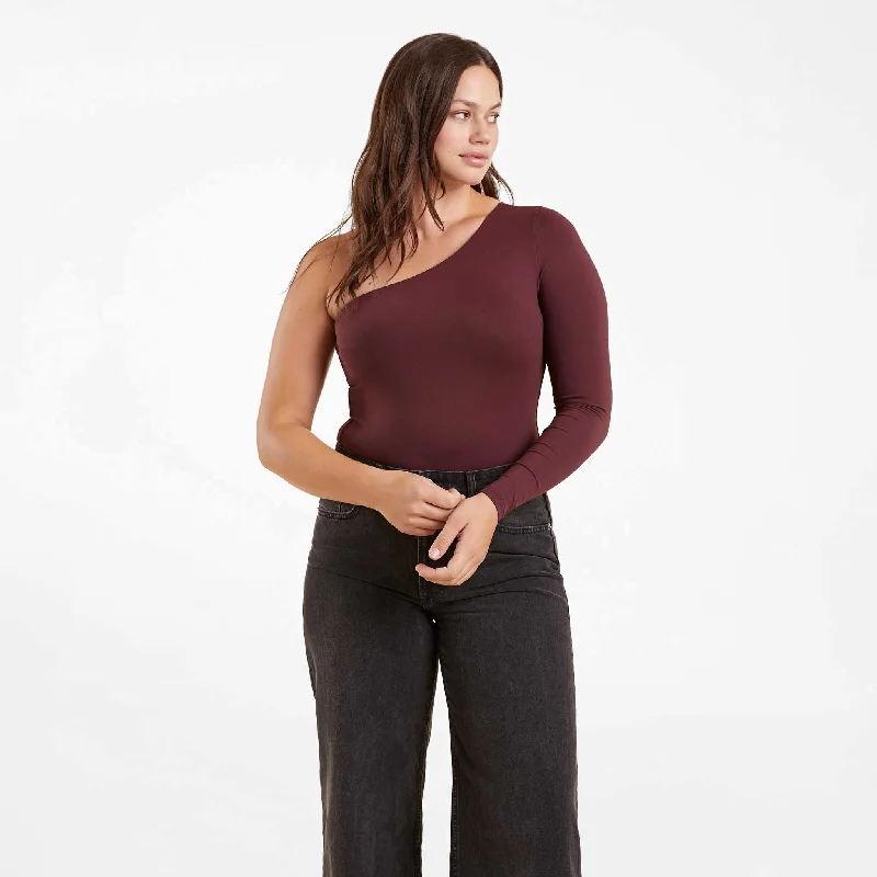 One Shoulder Bodysuit | Merlot Stylish Bodysuit with Lace Accents