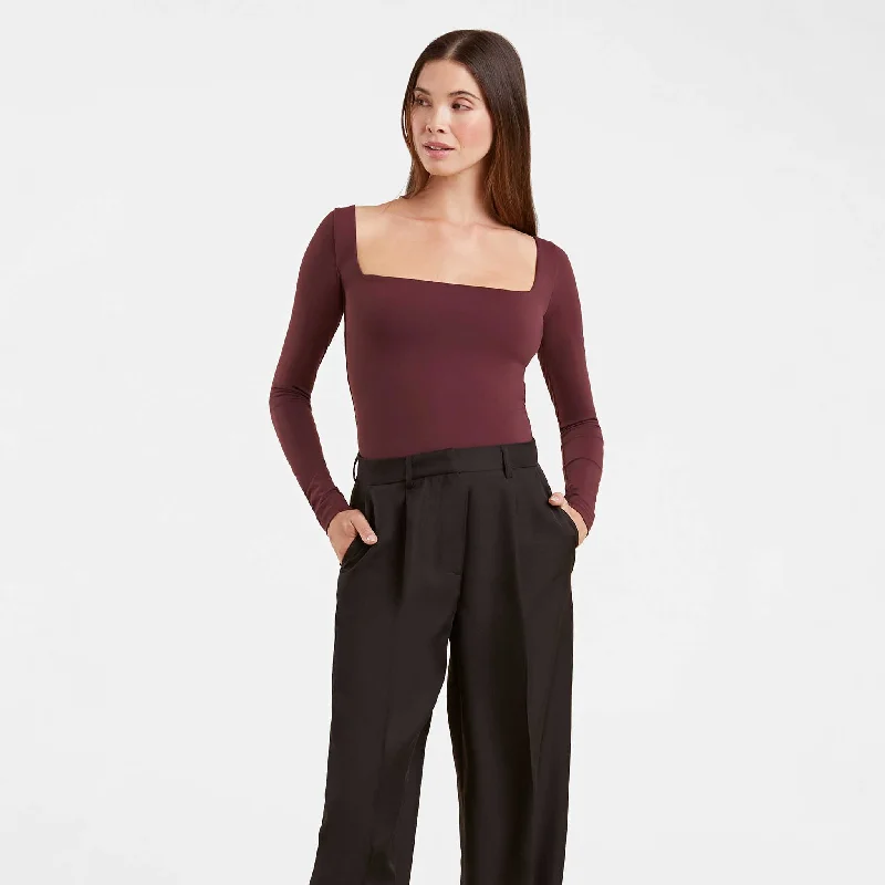 Long Sleeve Wide Square Neck Bodysuit | Merlot Trendy High-Leg Bodysuit