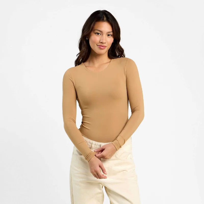 Long Sleeve Crewneck Bodysuit | Cinnamon Elegant Mesh Bodysuit for Night