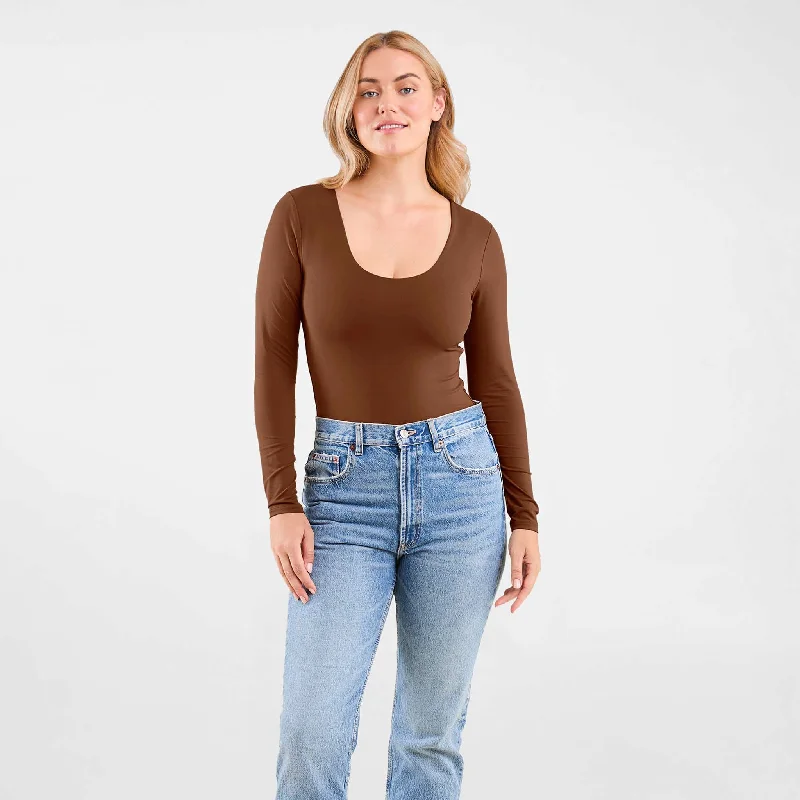 Long Sleeve Scoop Neck Bodysuit | Chocolate Cozy Cotton Bodysuit