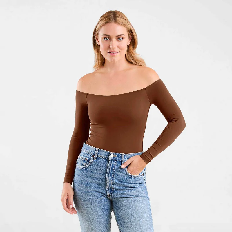 Off The Shoulder Bodysuit | Chocolate Elegant Long Sleeve Bodysuit