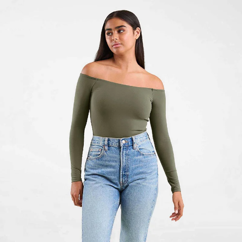 Off The Shoulder Bodysuit | Olive Comfortable Lace Bodysuit Top