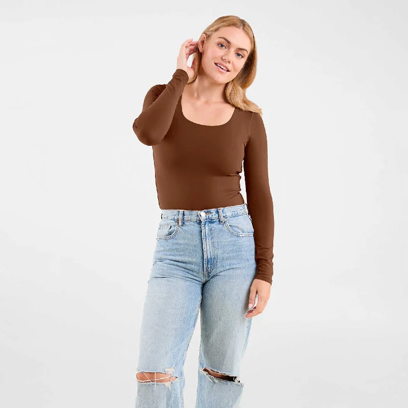 Long Sleeve Square Neck Bodysuit | Chocolate Fashionable Bodysuit with Button Detail