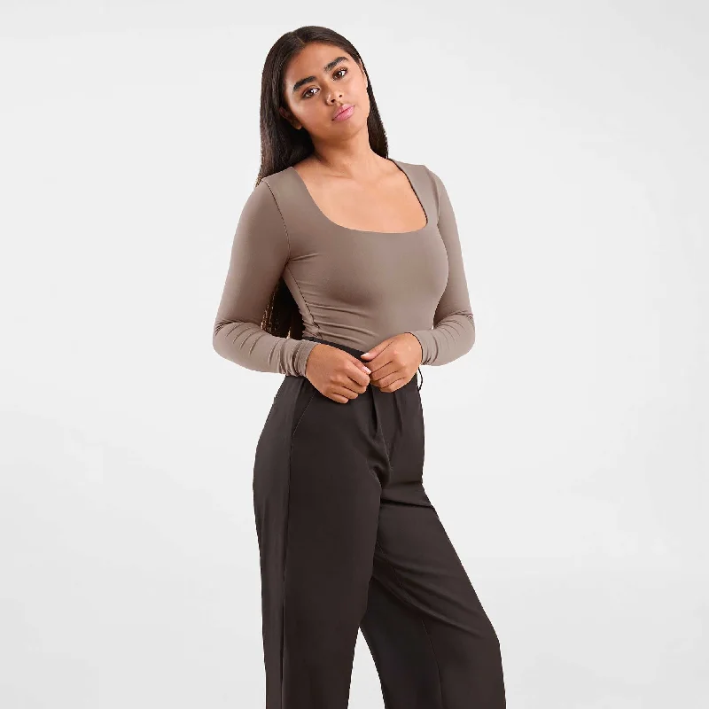 Long Sleeve Square Neck Bodysuit | Mocha Comfortable Ribbed Bodysuit