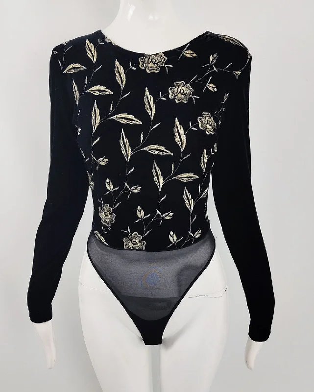 Sagaie Paris Black Velour Embroidered Bodysuit Elegant Lace Bodysuit for Evening