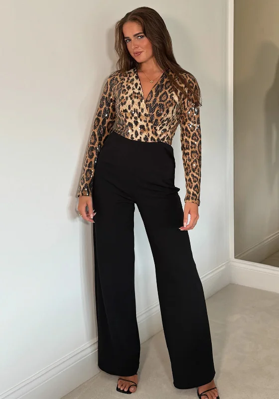 Girl in Mind Eva Sequin Leopard Print Bodysuit, Brown Elegant Bodysuit with Mesh Panels Girl in Mind Eva Sequin Leopard Print Bodysuit, Brown Elegant Bodysuit with Mesh Panels
