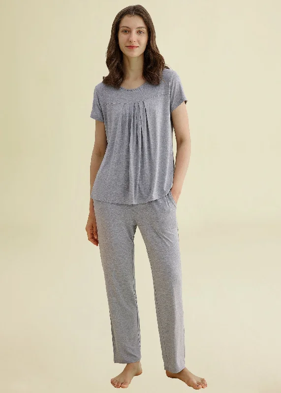 Women’s Bamboo Sleepwear Pleated Shirt Pants Pajamas Set Fitted T-Shirt Seamless Stretchy