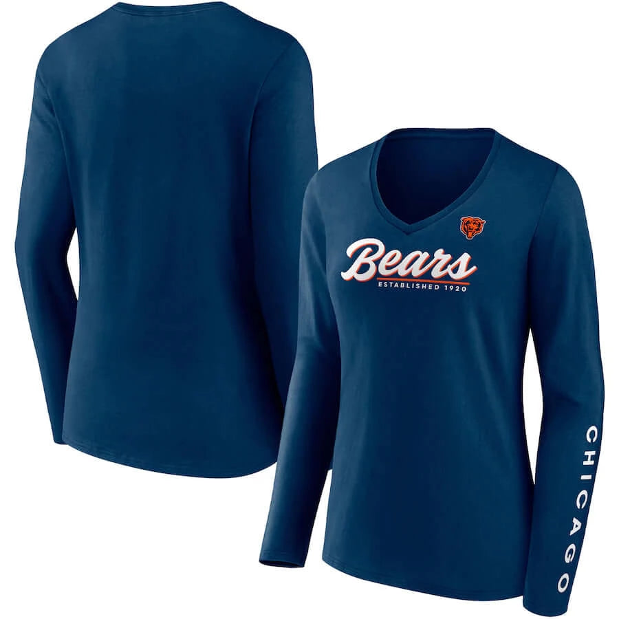 Chicago Bears Fanatics Branded Women's Drive Forward V-Neck Long Sleeve T-Shirt - Navy Handmade Hand-knitted Hand-woven