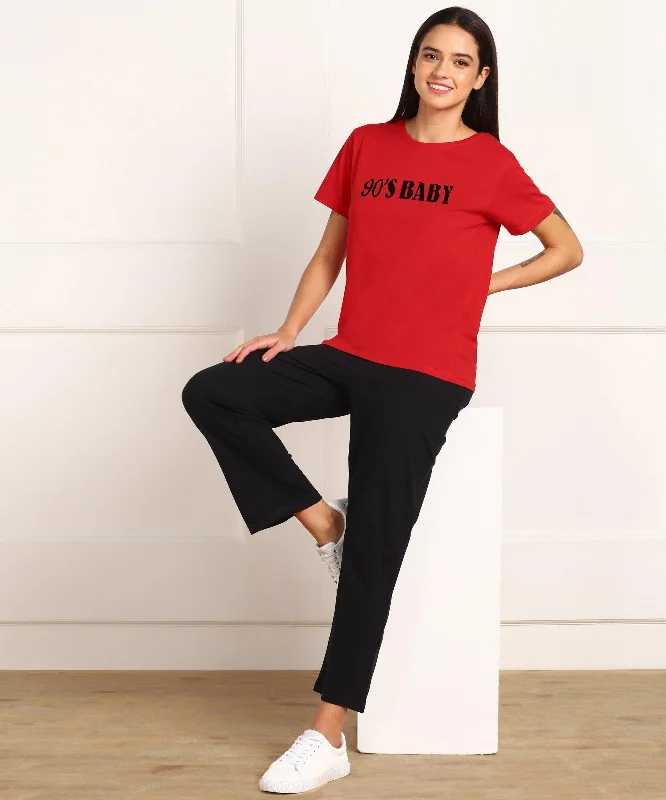 Women Printed T-shirt & Pyjama Set Pure Soft Cotton Boxy Fit Fitted Loose