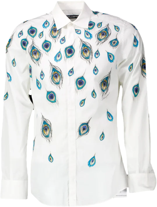 Dolce & Gabbana White Peacock-print Long-sleeve Shirt UK S Houndstooth Herringbone Solid