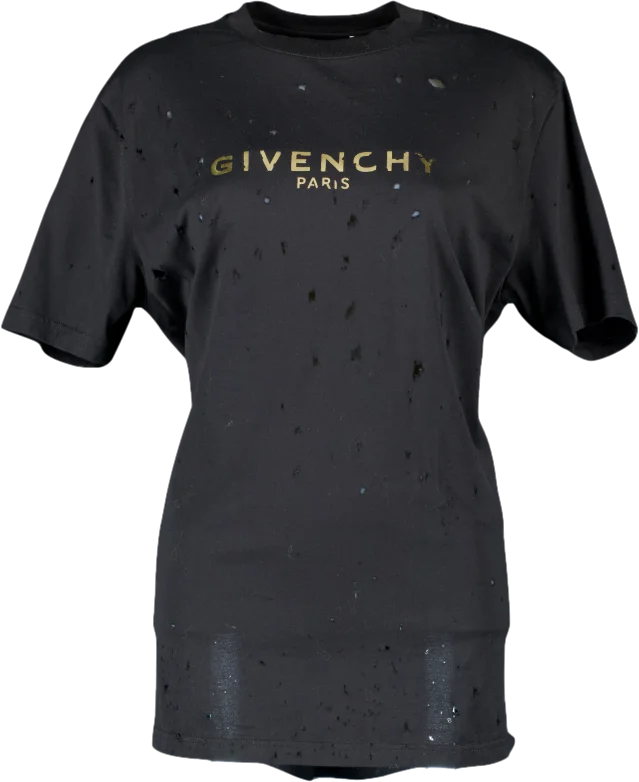 GIvenchy Black / Metallic Gold Destroy Masculine Cut T-shirt UK XS Polka Dot Checkered Tartan