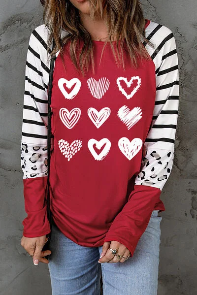 Heart Striped Ladies Raglan Sleeve T-Shirt V-Neck T-Shirt Long Sleeve Cotton