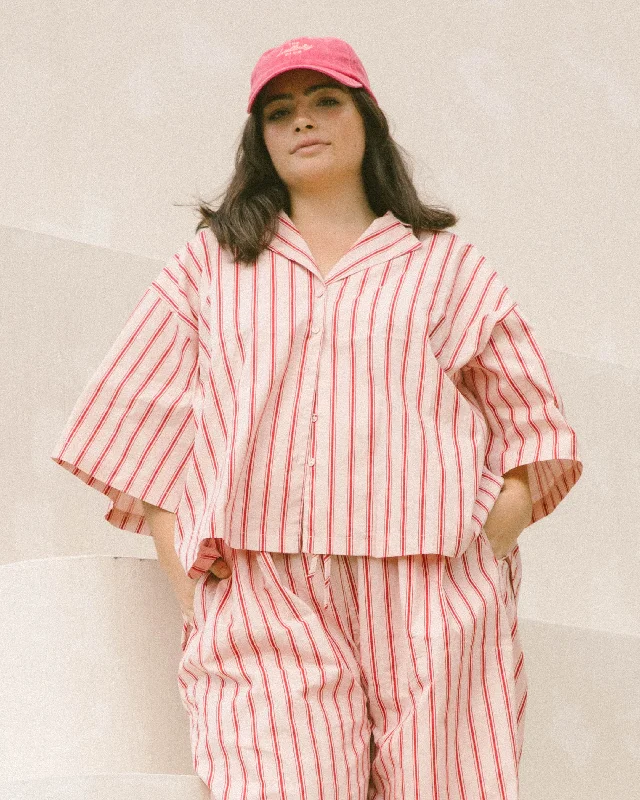 Lacey Shirt | Pink Stripe Satin Blend Silk Blend Wool Blend