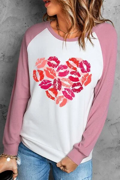 Lip Heart Ladies Long Sleeve T-Shirt Anti-Pilling Machine Wash Handmade