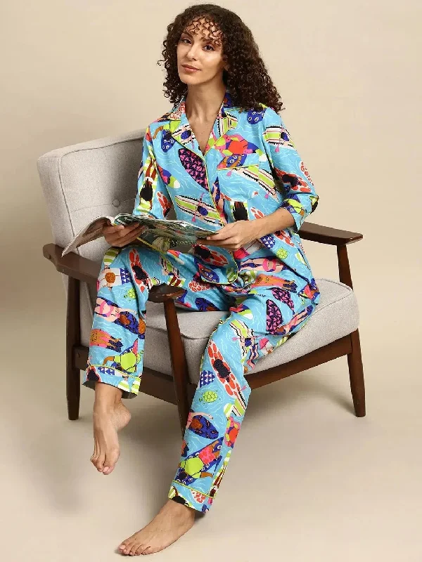 Shirt Pyjama nightwear set in Aqua Blue Print Mesh Blend Leather Blend Suede Blend