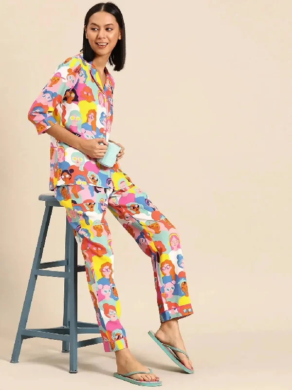 Shirt Pyjama nightwear set in Face Print Collared T-Shirt Boat Neck A-Line