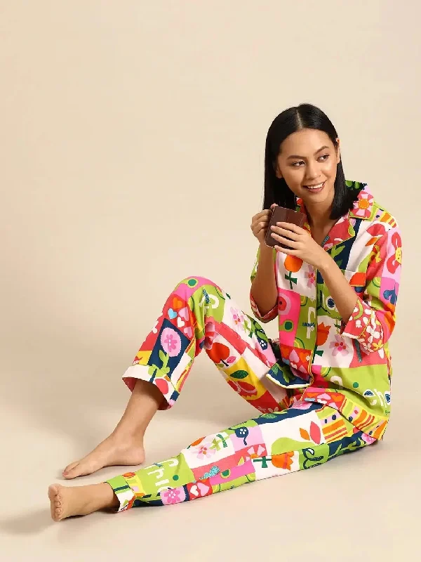 Shirt Pyjama nightwear set in multi color Print V-Neck T-Shirt Long Sleeve Cotton