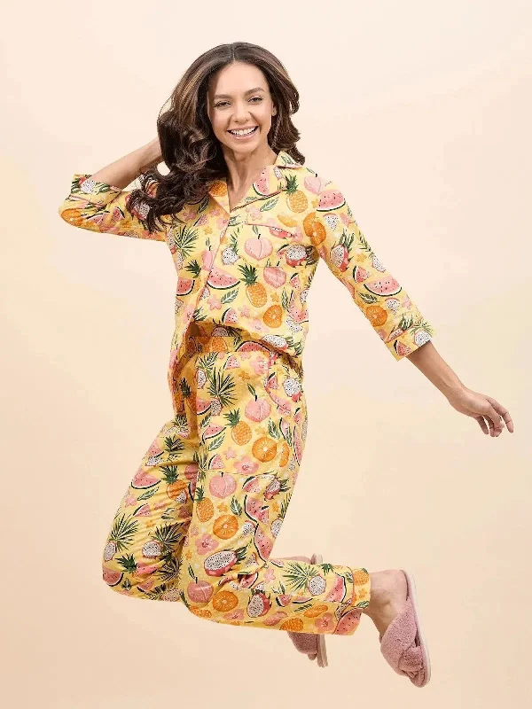 Shirt Pyjama Set in Yellow and Peach Watermelon Print Thin T-Shirt Open Front Quick Dry