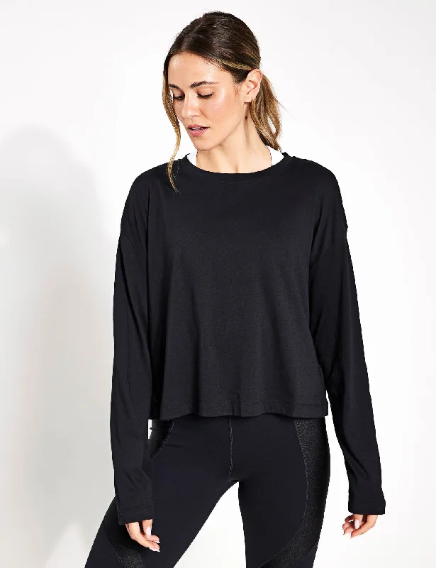 Essential Crop Long Sleeve T-Shirt - Black Satin Blend Silk Blend Wool Blend