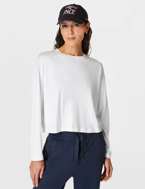 Essential Crop Long Sleeve T-Shirt - White Mesh Blend Leather Blend Suede Blend