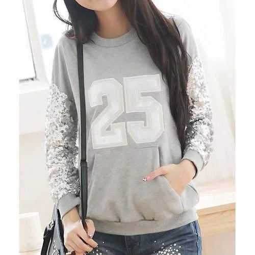 Stylish Round Neck Sequined Letter Pattern Long Sleeve Women's Sweashirt - Gray Xl Satin Fabric Silk Fabric Chiffon Fabric