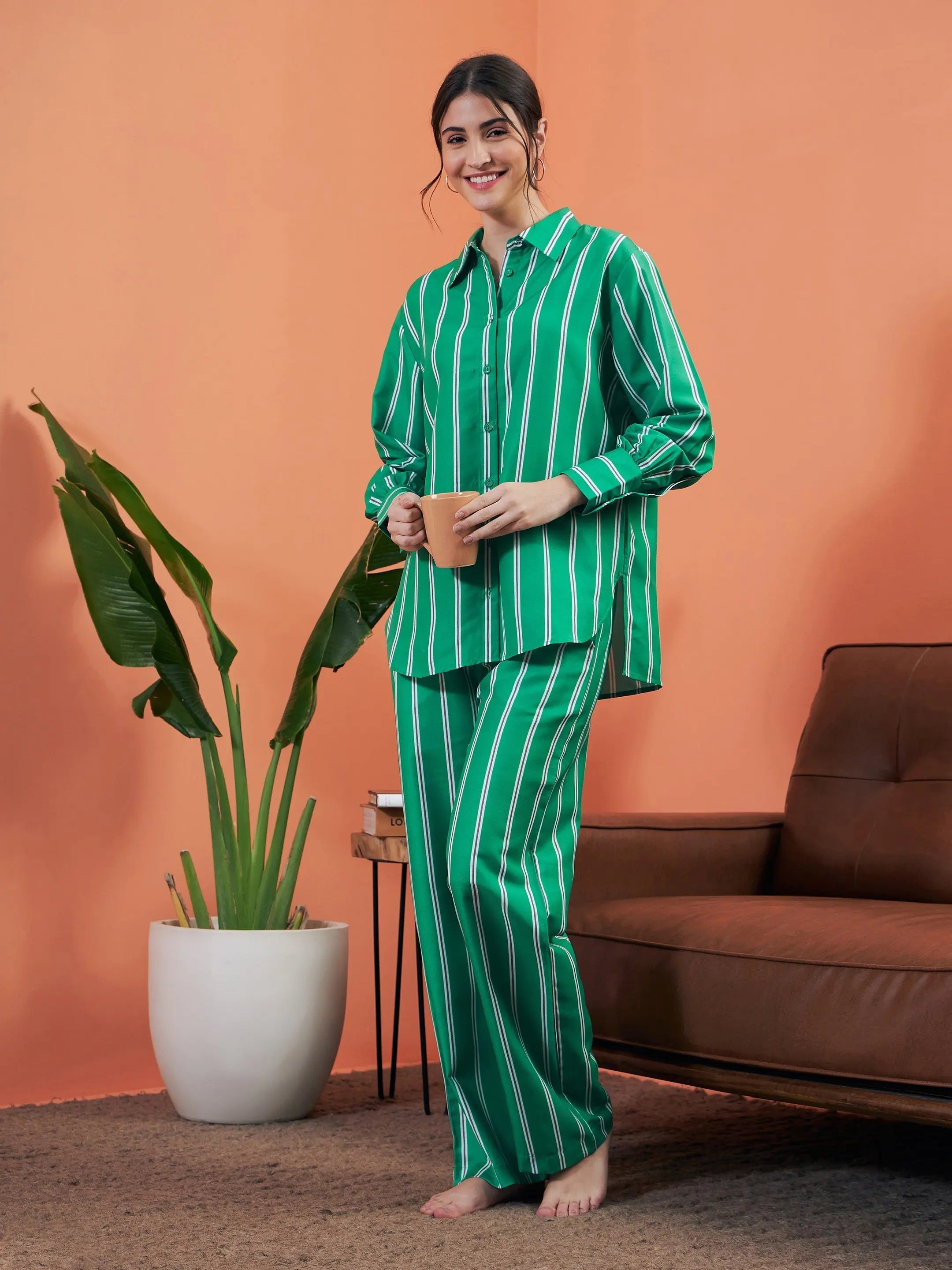 Women Green Stripes Shirt With Lounge Pants Elasticated Padded Insulated