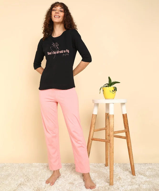 Women Printed 3-4U T.Shirt & Pyjama Co-Ord Set Lace Blend Ribbed Blend Corduroy Blend