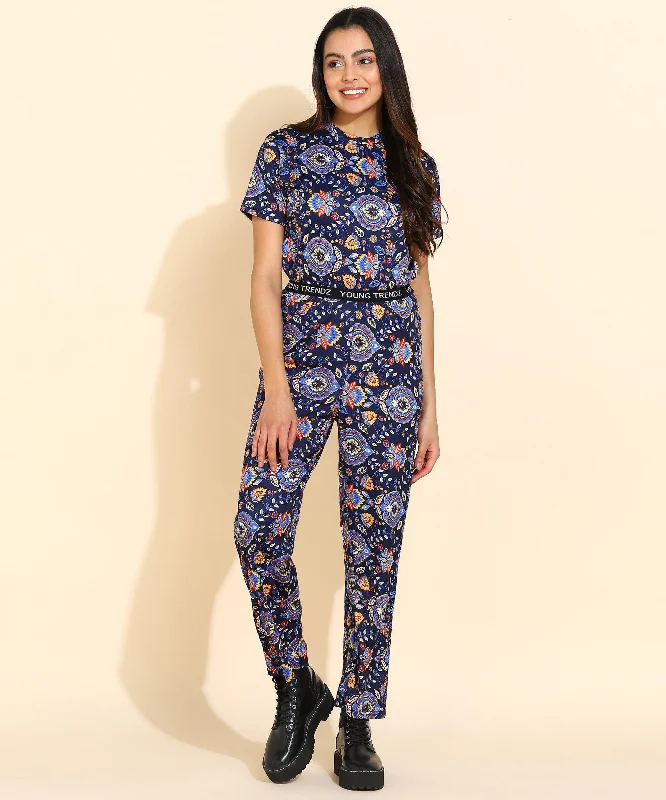 Women Printed T.Shirt & Pyjama Co-Ord Set Front Pockets Side Pockets Patch Pockets