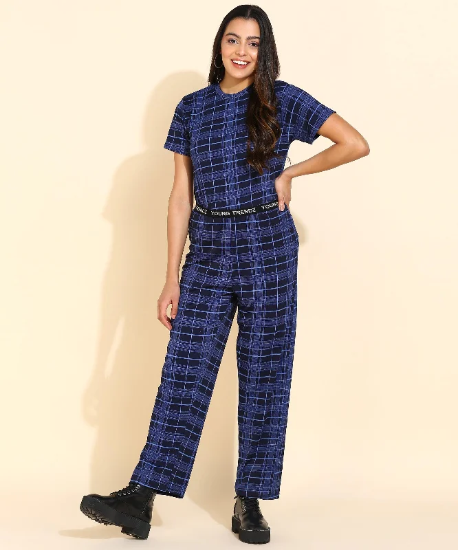 Women Printed T.Shirt & Pyjama Co-Ord Set Plaid T-Shirt Polka Dot Checkered