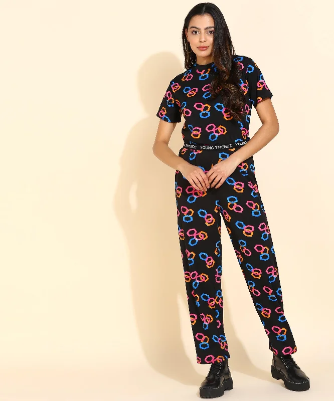 Women Printed T.Shirt & Pyjama Co-Ord Set Houndstooth Herringbone Solid