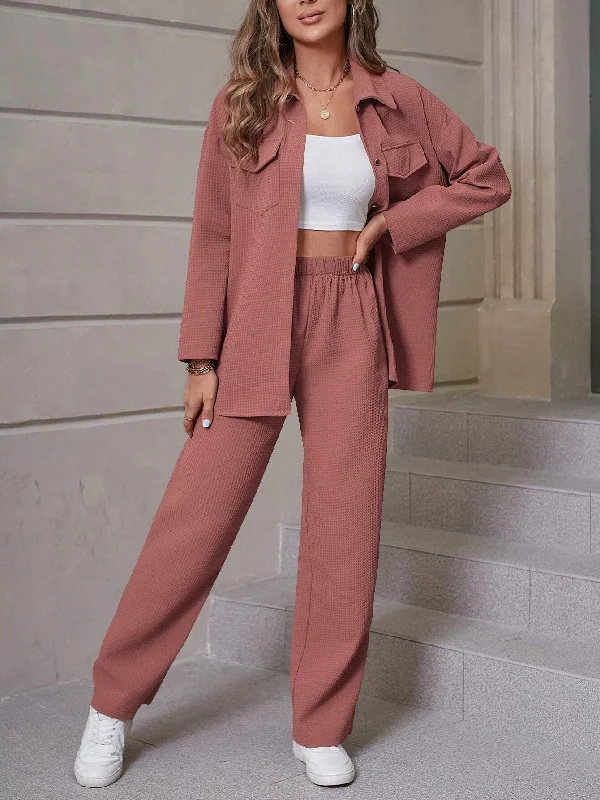 Women's Casual Shirt and Wide Leg Pants Outfit Set Collared Crew Neck Turtle Neck