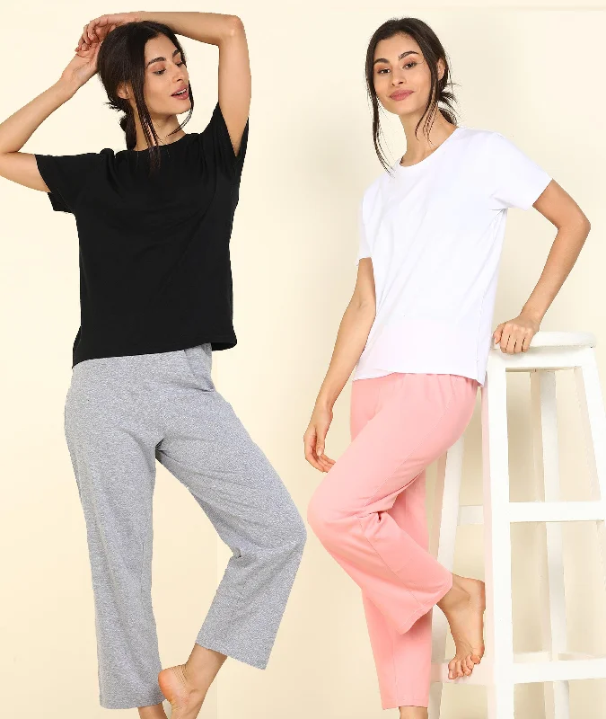 Women T-shirt & Pyjama Set Pure Soft Cotton - Combo Set Zippered Front Buttoned Front Snap Front