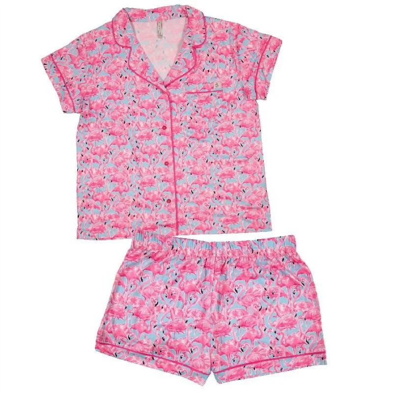 Women's Pajama Lounge Set In T-Shirt Flamingo Print Jacquard Patchwork