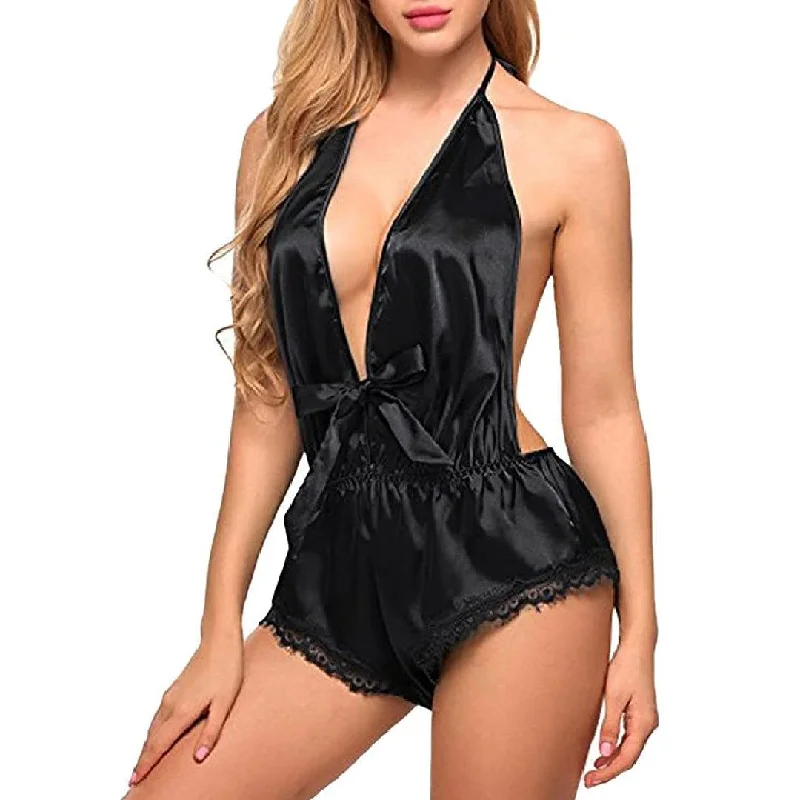 Womens Silk Lingerie Bodysuit One Piece Babydoll Sleepwear Halter Deep V-Neck Nightwear Comfortable Full-Sleeve Bodysuit Womens Silk Lingerie Bodysuit One Piece Babydoll Sleepwear Halter Deep V-Neck Nightwear Comfortable Full-Sleeve Bodysuit