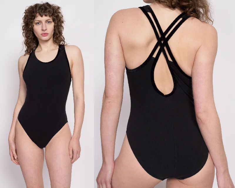 90s Black Cross Back Bodysuit - Small to Medium Fashionable Plunge Bodysuit