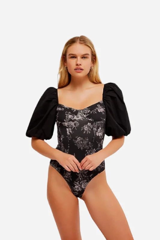 Free People Prairie Rose Bodysuit Black Combo Fashionable Bodysuit with Frill Detail Free People Prairie Rose Bodysuit Black Combo Fashionable Bodysuit with Frill Detail